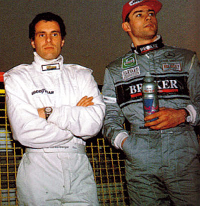 Roland Ratzenberger and Karl Wendlinger in Imola's pits on one of the pre-season testing sessions. 
